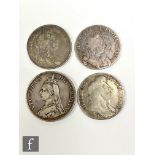 Three William and Mary half crowns 1693, 1696, 1697 and a double florin 1889. (4)