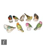 Eight Royal Crown Derby bird paperweights to include Kedleston Kingfisher, Green Budgerigar, Red