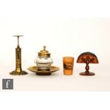 A Victorian brass and facet glass inkwell, height 12cm, a letter scale by R W Winfield Birmingham, a