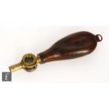 A 19th Century French leather shot flask with oval pounch mounted with a brass hinged measure with