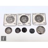 Various Henry III to George II pennies (1216-1307), 1485, 1552 shilling, a 1787 shilling and three