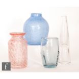 Four pieces of mid-century glass comprising an Ercole Barovier barrel vase in red with airbubble