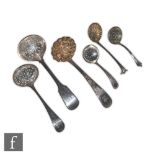 Six assorted hallmarked silver shifting spoons, total weight 7.5oz, various dates and styles, S/