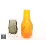 Two Whitefriars Textured range glass vases, a 9730 Bottle vase in Tangerine, height 20cm, and a 9698