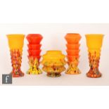 A near pair of 1930s Art Deco Spatter glass vases by Kralik, stepped circular form with yellow an