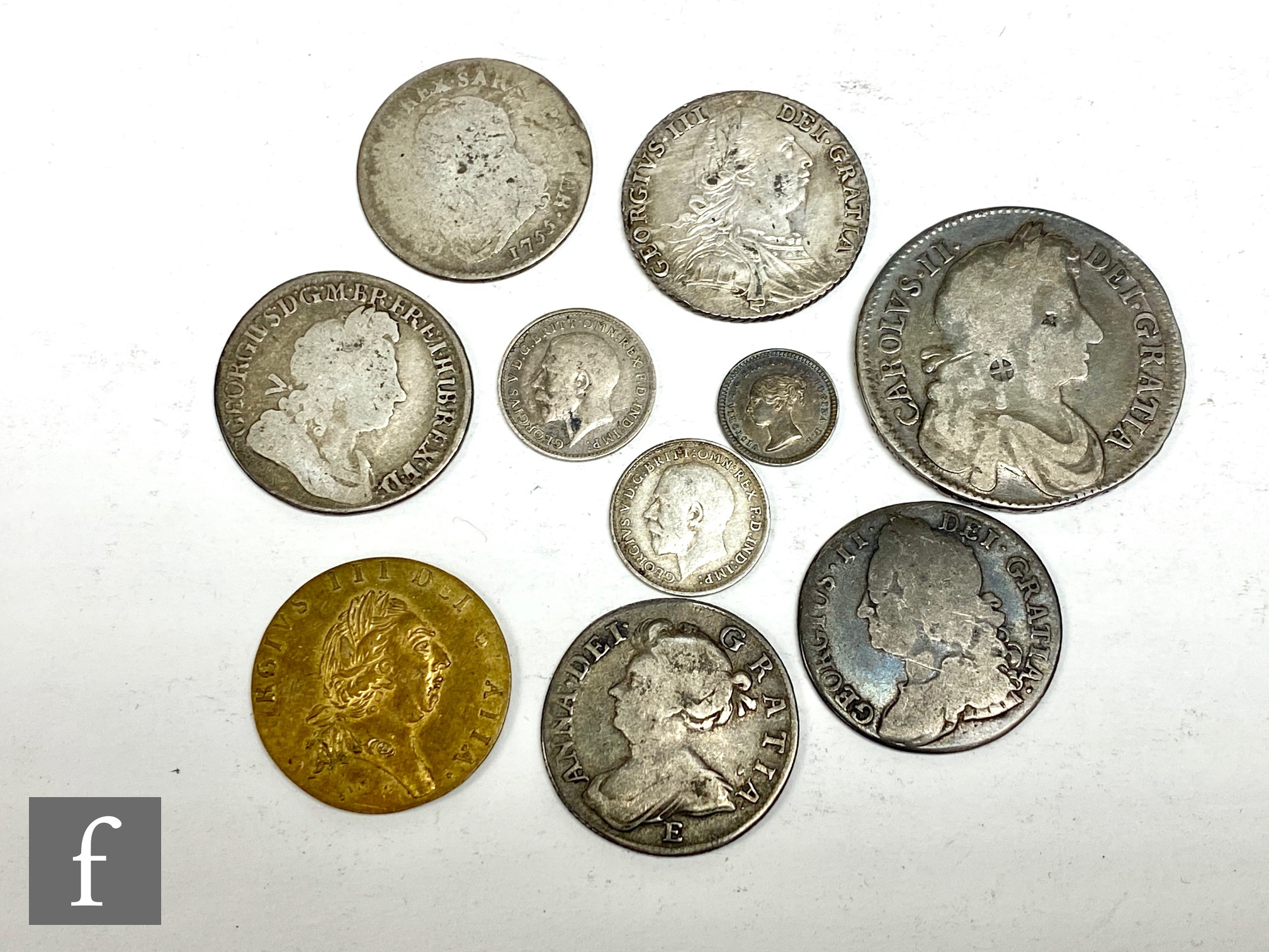 Various Charles II to George V half crowns 1676 (counter stamp), shillings 1707, 1745, 1787 and
