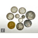 Various Charles II to George V half crowns 1676 (counter stamp), shillings 1707, 1745, 1787 and