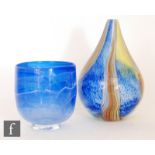 Two contemporary art glass vases, comprising a footed vase with internal blue and white streaks, and