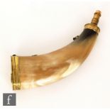 A 19th Century French powder flask made from a single polished horn with brass mounts, the tip