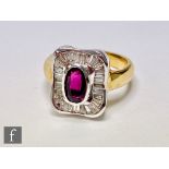 An 18ct ruby and diamond cluster ring, central oval collar set ruby, length 8mm, within a diamond