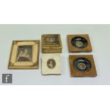 An early 20th century gilt trinket box inset with an oval photograph of a young girl, a pair of burr