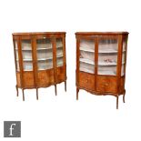 A pair of 20th Century reproduction walnut and floral marquetry veneered serpentine fronted
