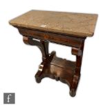 A 19th Century mahogany console table, the marble top above a cushion frieze drawer and scroll
