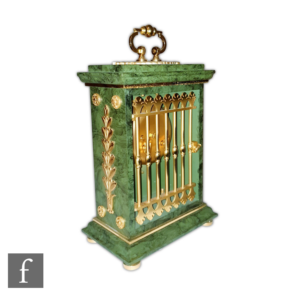A replica French Empire style Le Castel mantle clock with gilt metal mounts in green figured case on - Image 2 of 2