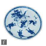 An 18th Century Worcester blue and white small saucer decorated in the hand painted Eloping Bride