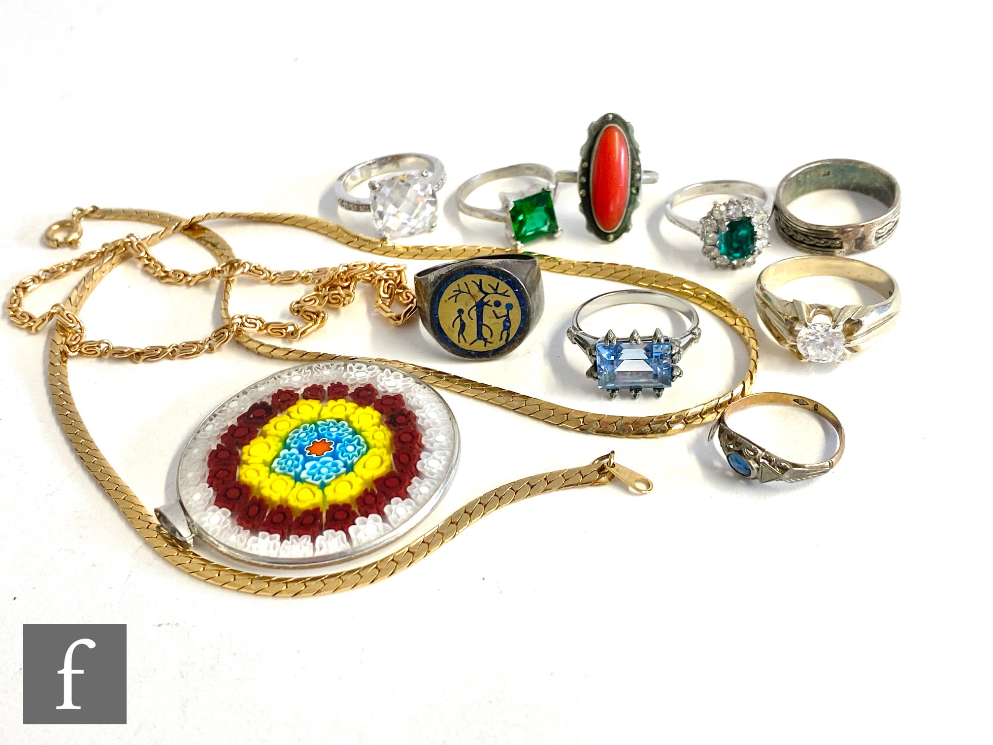 A small parcel lot of assorted jewellery to include nine silver and other rings, two gold plated