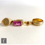 An 18ct two coloured wedding ring, weight 7.3g, a 14ct signet ring, weight 5.9g, and two unmarked