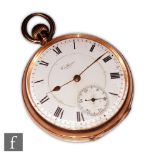 A 9ct rose gold hallmarked open faced crown wind Waltham pocket watch, Roman numerals to a white