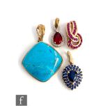 Four 9ct stone set pendants, a single stone turquoise, a ruby cluster, a rhodalite and diamond and a