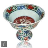 A very large Chinese Wucai glazed 'Butter lamp' stem bowl, Xuande (1426-1435) six-character mark,