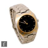 A gentleman's stainless steel and gold Omega Seamaster wrist watch, quartz movement, gilt dot batons