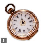 An early 20th Century lady's 14ct open faced crown wind fob watch, Roman numerals to a white