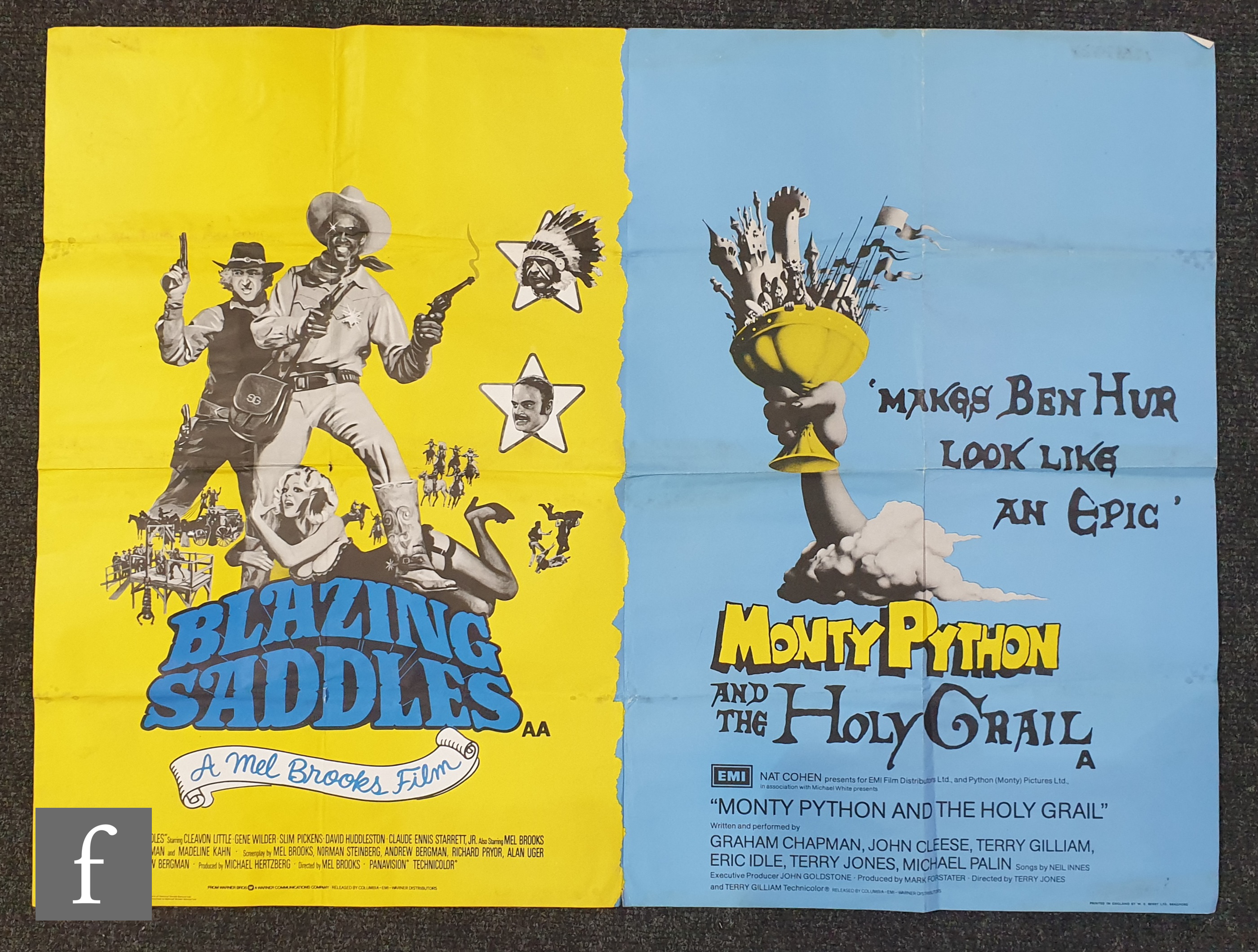 Ten British Quad film posters, comprising Monty Python and the Holy Grail / Blazing Saddles double