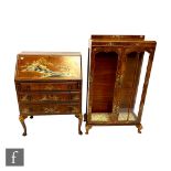 A 1920s mahogany and Japanese chinoisserie laquered three drawer bureau on cabriole legs, height