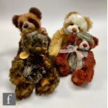 Four Charlie Bears panda bears, Ruby (CB094080A), dark red plush and cream with grey tips, Claire (