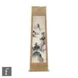 In the manner of Pu Ru (Pu Xinyu), a printed monochrome hanging scroll, depicting mountainous