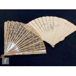 A 19th Century mother of pearl and lace embroidered fan, A/F, and a similar painted fan with two