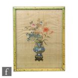 A Chinese late Qing Dynasty (1644-1912) silk drawing, painted with cloisonne vase brimming with