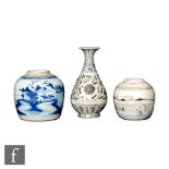 A collection of Chinese blue and white items to include two jars with abstract blue landscapes,