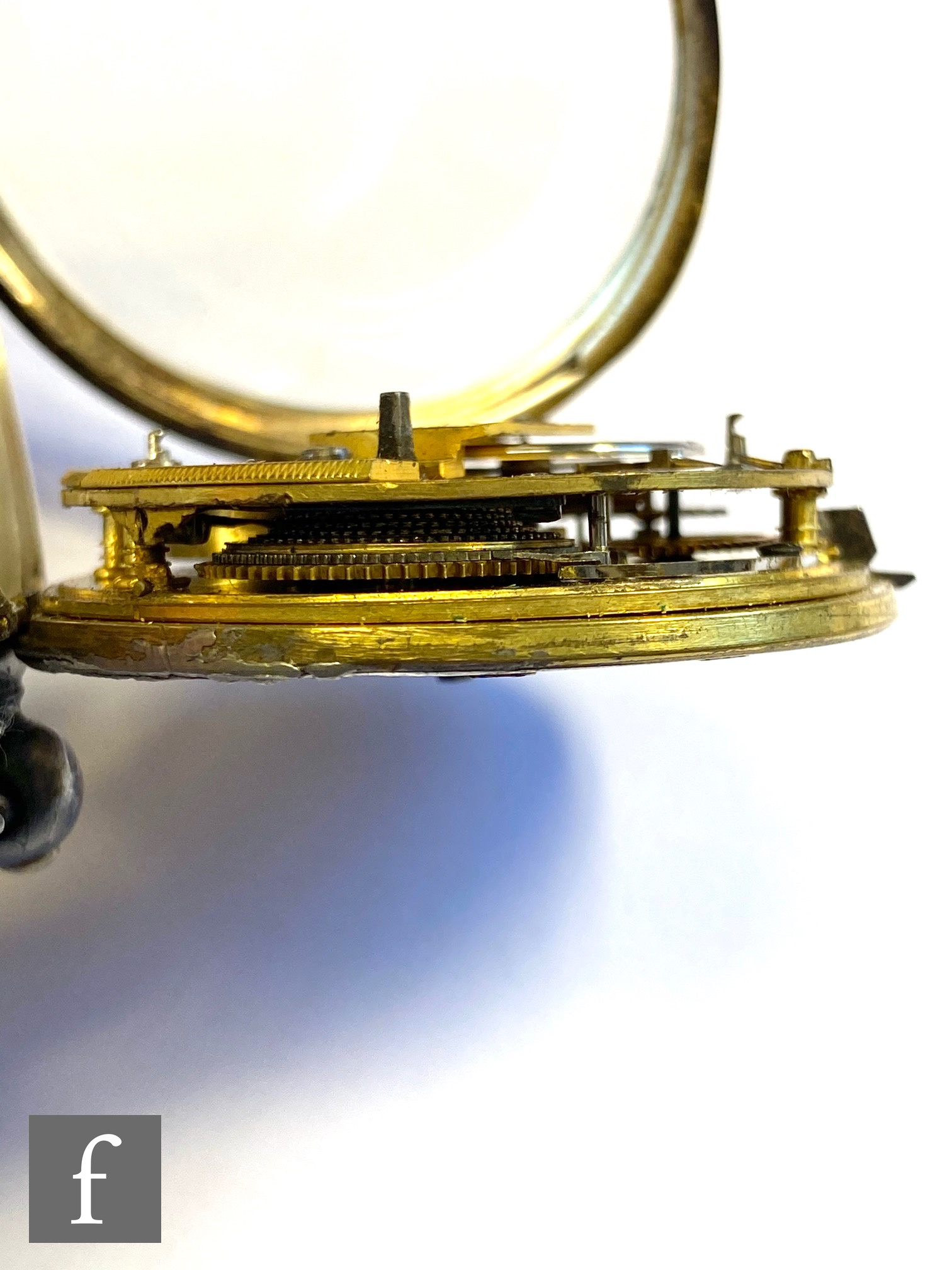 A hallmarked silver open faced, key wind, open faced pocket watch, gilt Roman numerals to a engine - Image 3 of 4