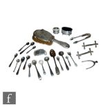 A parcel lot of assorted hallmarked silver items, a pair of knife rests, a pair of wishbone sugar