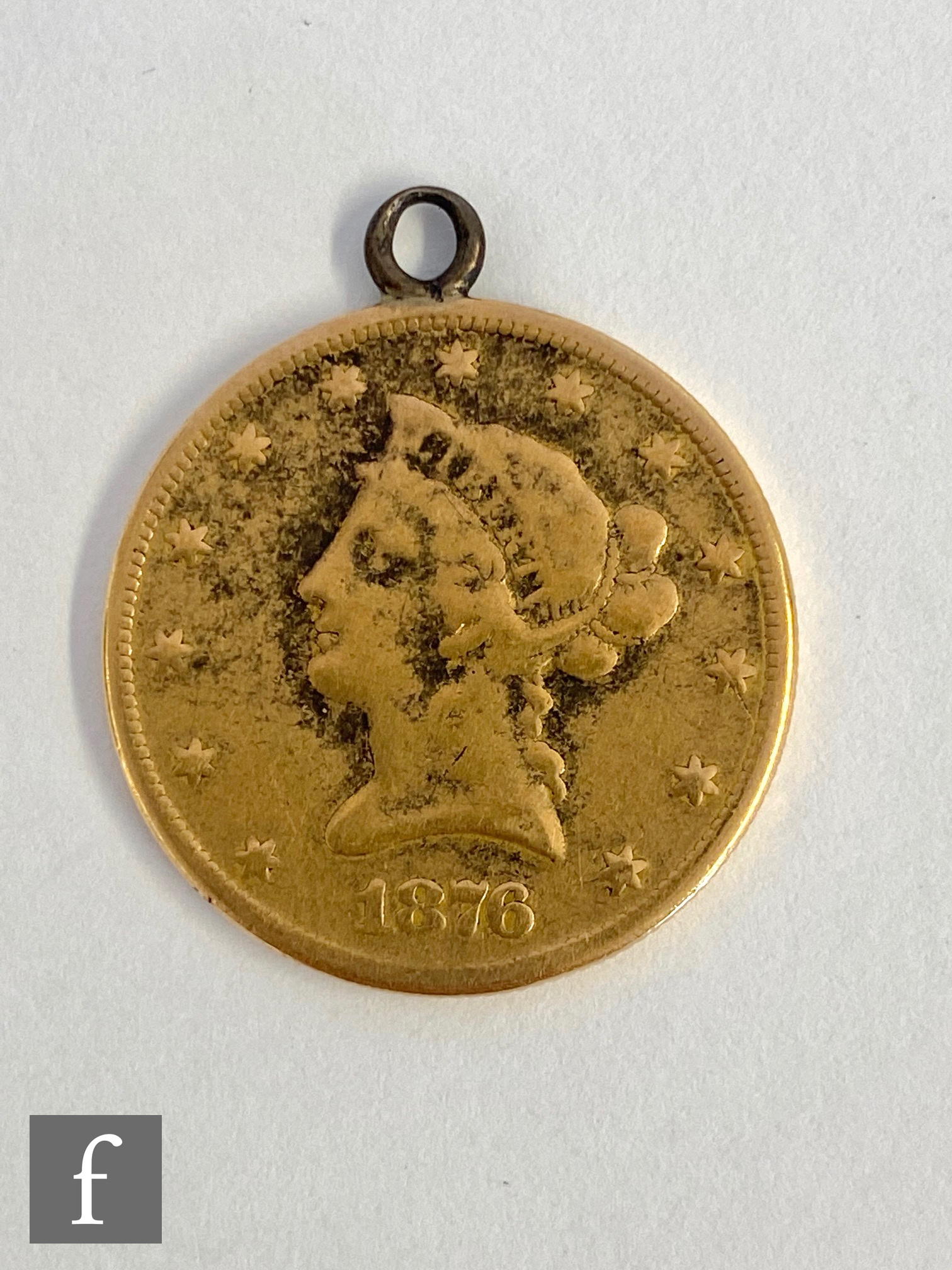 An American gold twenty dollar coin dated 1876 with solder jump ring, weight 16.3g, worn.