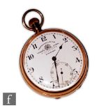 A gentleman's 9ct hallmarked open faced, crown wind pocket watch, Roman numerals to a white