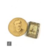 A plated vesta case inset with a printed photograph of Arthur B Clibbery Auctioneer & Valuer Bank