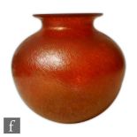A later 20th Century Royal Brierley Studio glass vase of spherical form with a roll collar neck,