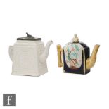 A 19th Century majolica teapot in the Aesthetic style, the body decorated with two panels both