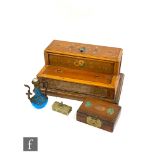 A brass three division stamp box mounted with a cat, a card case mounted with colored hard stones, a
