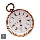 An 18ct hallmarked open faced , key wind chronograph pocket watch, Roman numerals to a white
