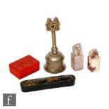 A small group of Asian items to include a Chinese papier mache brush/pen box decorated with