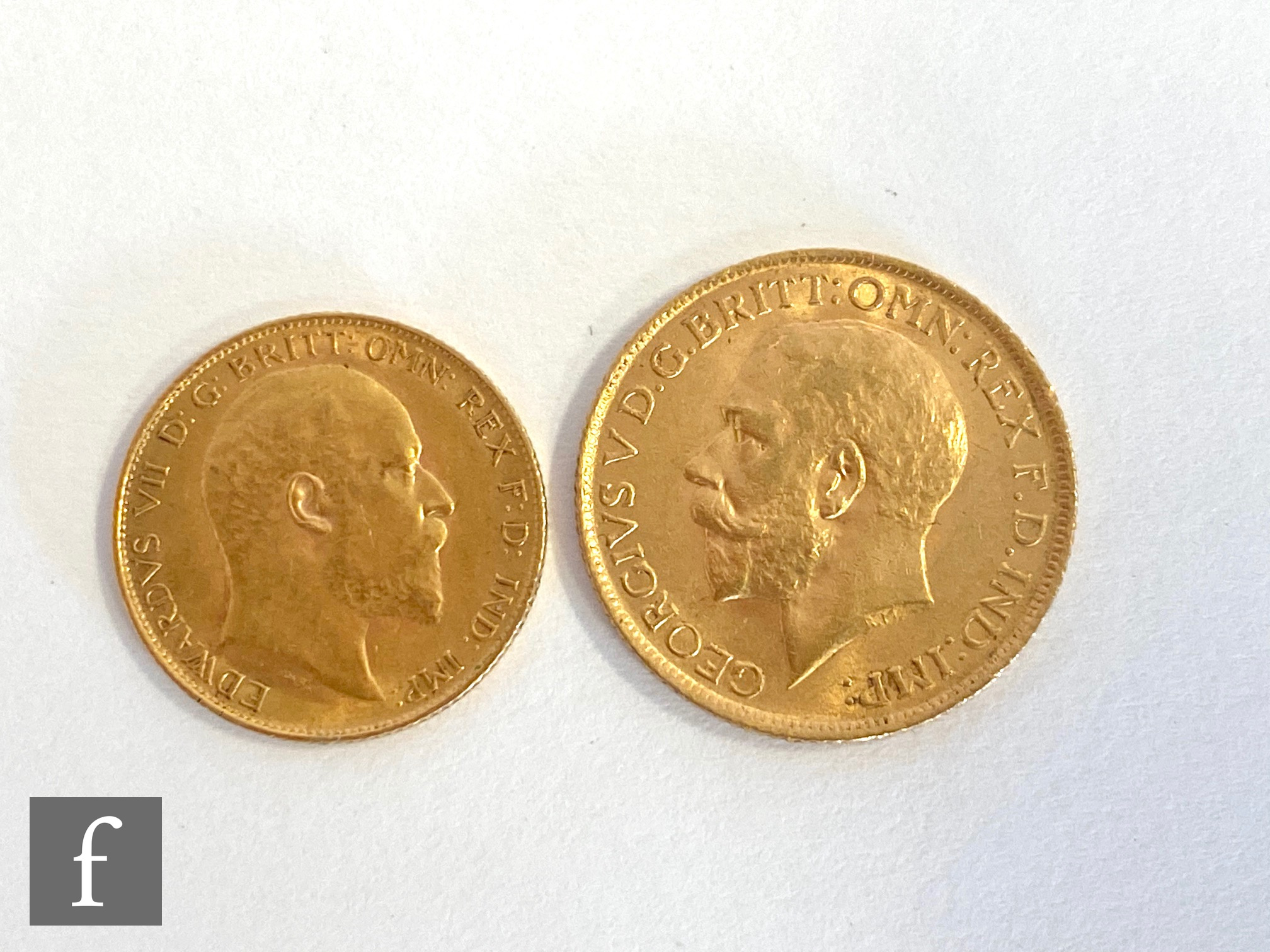 A George V full sovereign dated 1912 and an Edward VII half sovereign dated 1910. (2)