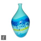 A large contemporary studio glass vase of ovoid form with narrow neck decorated with blue, yellow,