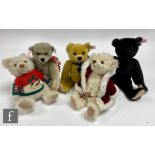 A collection of five Steiff teddy bears, comprising Christmas 2009 Bear, white tag 036002, cream