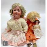 A Schoenau and Hoffmeister bisque socket head doll, with sleeping flirty eyes, open mouth with