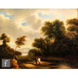 ENGLISH SCHOOL (EARLY 19TH CENTURY) - Figures in a wooded river landscape, oil on panel, framed 19cm