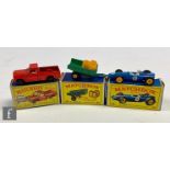 Three Lesney Matchbox diecast models, comprising 52b BRM Racing Car in blue with yellow hubs and