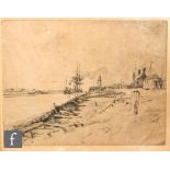 SIR FRANK SHORT, RA PPRE (1857-1945) - A figure sitting on a quayside, etching, signed in pencil,